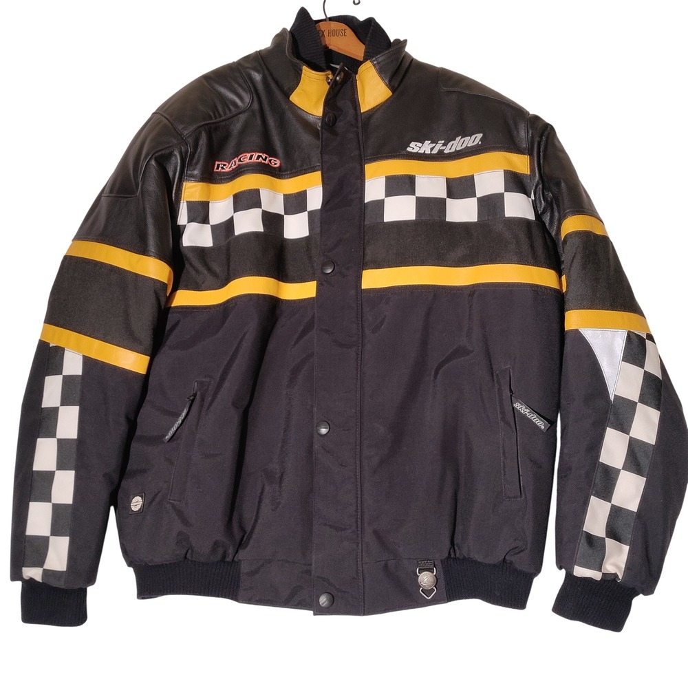 Ski-Doo Sno Gear Racing Jacket Men XL Tall Black Yellow Leather Nylon Checkered